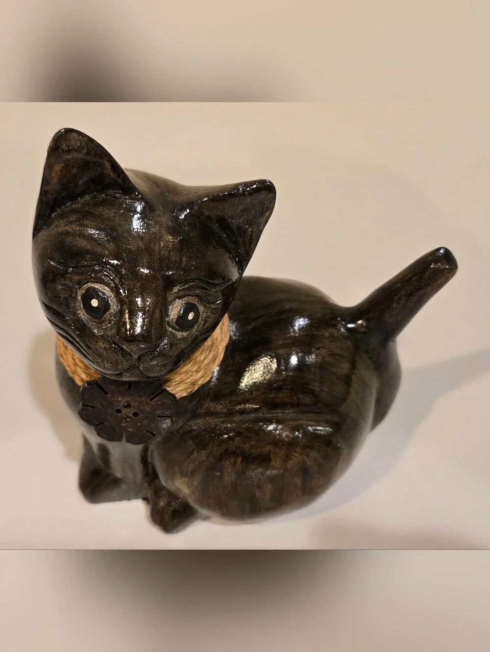 Decorative Hand Carved Cat Figurine with Rope Collar - Pet Home Accent